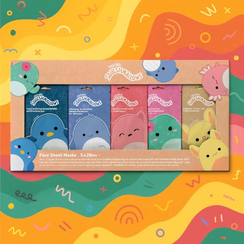Original Squishmallows Face Sheet Masks, 5 Pack, 25ml Each, Anti-Oxidant, Hydrating, Glowing, Quenching, Rejuvenating