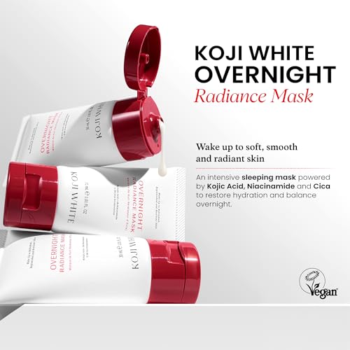 Koji White 1% Kojic Acid Radiance Overnight Face Mask ? Hydrating Sleeping Mask for Glowing Skin, Uneven Tone & Smoothing with Niacinamide, Cica, Hyaluronic Acid - Unscented, Vegan Skincare 1.01 Fl Oz