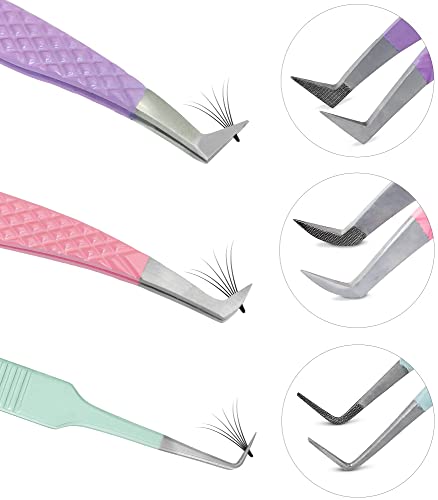 SIVOTE Fiber Tip Lash Extension Tweezers Set of 3 with Leather Pouch