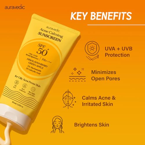 Auravedic Acne Calming Sunscreen SPF 50 PA++++ | Oil-Free Broad Spectrum UVA/UVB Face Sunscreen with 5% Niacinamide & 2% Salicylic Acid | For Oily & Acne-Prone Skin | 2.12 Oz (60g)