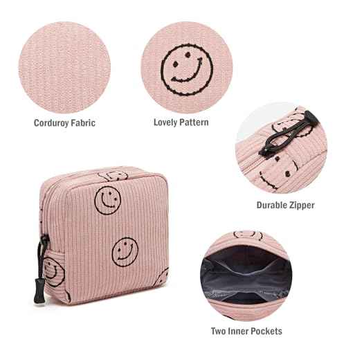 Small Makeup Bag for Purse,Mini Cosmetics Bag cute Zipper corduroy Cosmetic Pouch Storage Pouch Travel Toiletry Organizer for Women Girls(Smiley Face,Pink)