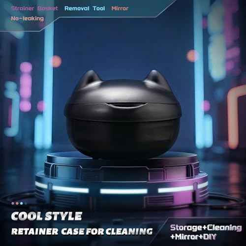 Retainer Case for Cleaning,No-Leak Mouth Guard Cute Retainer Case with Retainer Removal Tool and Brush (Black Cat)
