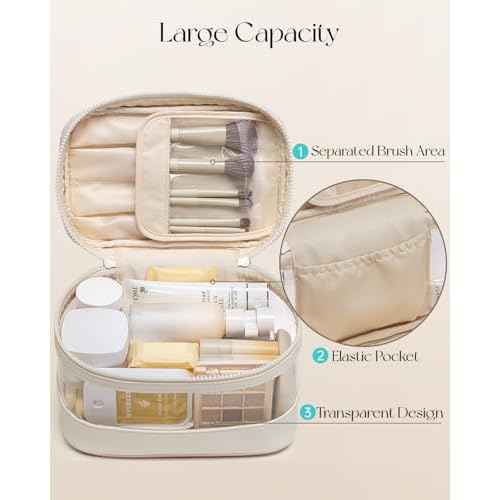 Vlando Travel Makeup Bag, Large Travel Toiletry Bag for Women Girl, Waterproof Cute Cosmetic Bag with Handle, Clear Make up Bag for Cosmetic, Brushes, Skincare-Cream White