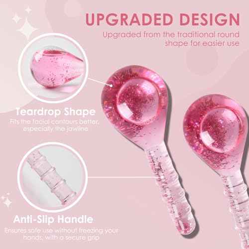 Ice Globes Facial Cooling Tools, Cryo Beauty Balls with Anti-Slip Handle for Face, Eyes & Neck, Soothing Cold Massage Tool for Relaxing & Refreshing Skincare Routine, Glitter Pink