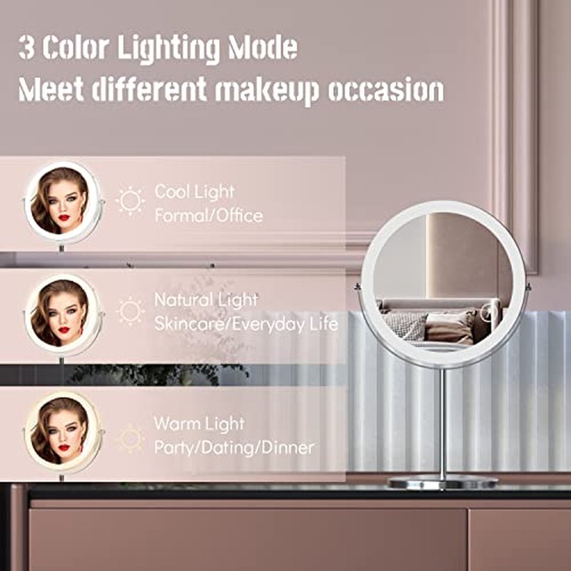 8" Lighted Makeup Mirror with Magnification, 1X/10X Magnifying Mirror with Light, Double Sided 360¡Æ Cordless Rechargeable, 3 Colors Brightness Adjustable Makeup Mirror with Lights with 52 LED(Silver)