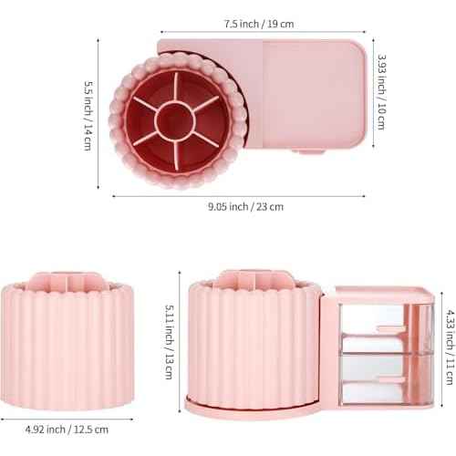 Makeup Organizer Countertop,360 Rotating Makeup Brush Holder With 2 Drawers,Small Preppy Organizer |9.25x5.11inch|Pink