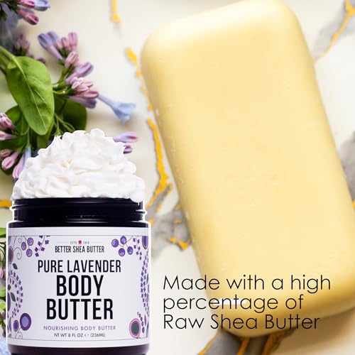 Lavender Body Butter with Shea Butter, Jojoba Oil & Lavender Essential Oil - Natural Lotion for Women, Non-Greasy Moisturizer for Dry Skin, Whipped Body Cream with Lavender Oil for Skin