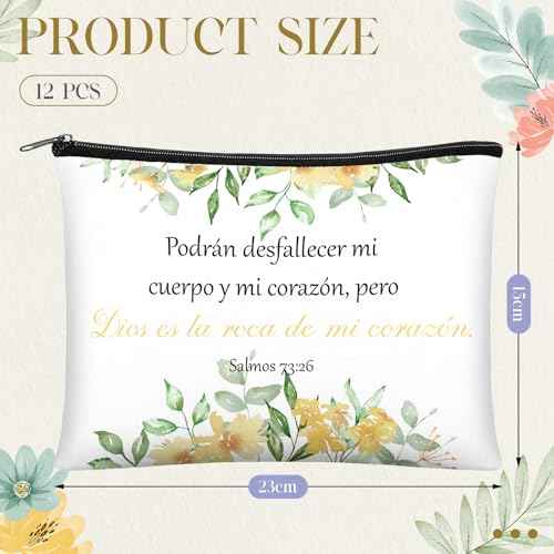 Kacctyen 12 Pcs Christian Mother's Day Gifts Makeup Bag Spanish Verses Inspirational Gift for Women Bible Verse Cosmetic Bag in Spanish Zipper Pouch for Mom Church Religious Prayer(Flower Style)