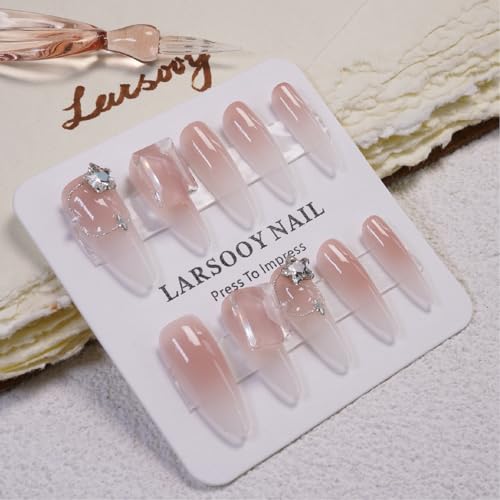 LARSOOY Nails Handmade Press on Nails Long Oval | Salon-Quality Handmade Nails with Rhinestones Design | Pink fake Nails For Women And Girls | False Nails 10 Pcs (Stardust tear(drops), S)