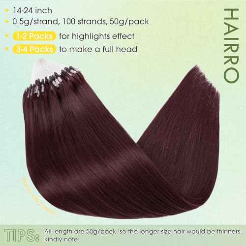 Hairro Microlinks Hair Extensions Human Hair Micro Loop Hairpieces Easy Pre Bonded Cold Fusion Keratin Stick Micro Bead Hair Extension For Women 16 inch 50g 100 Strands #99J Wine Red