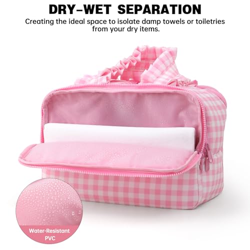 Travel Toiletry Bag for Women - Water-Resistant Gingham Makeup Organizer