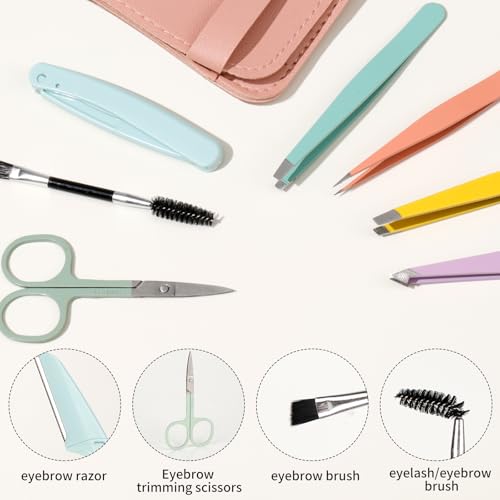 MSQ 7pcs Eyebrow Tweezers Kit with Travel Bag for Women 4Pcs Professional Stainless Steel Tweezers and Brow Scissors & Razor & Spoolie for Facial, Chin, Eyebrow, Splinter and Ingrown Hair