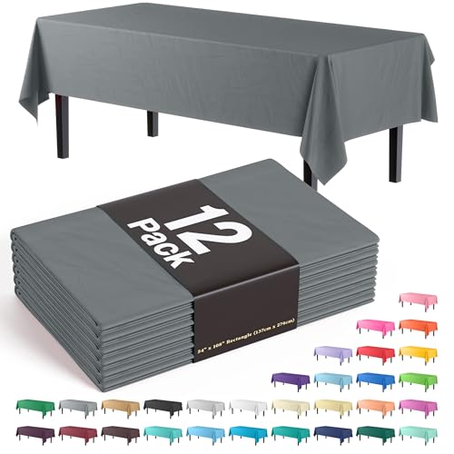 Exquisite 12-Pack Premium Plastic Tablecloth 54 Inch. x 108 Inch. Rectangle Table Cover - Silver