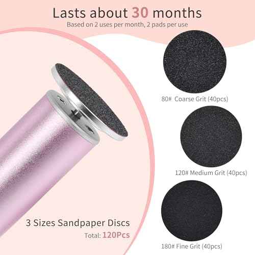 Rechargeable Electric Foot Callus Remover with 3-Sizes 120Pcs Sandpaper Discs, Professional 900RPM 3-Speed Control Aluminum Electric Foot File (E3 Rose Pink)