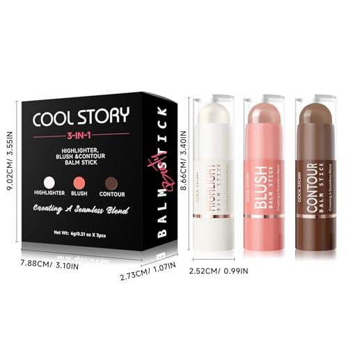 3-in-1 Highlighter,Blush and Contour Sticks Trio with Highlighter Stick Contour Stick and Blush Stick for Cheeks and Face Makeup (Set B Medium)