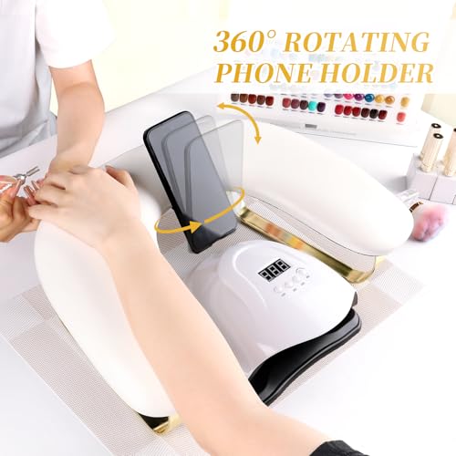 Arm Rest for Nails Tech with Rotating Phone Holder, U-Shaped 10¡Æ Inclined Nail Arm Rest Pillow Cushion, Manicure Hand Rest Pad for Salon, Nail Tech School and Home DIY (White)