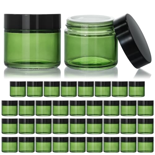 2oz Green Glass Cosmetic Jars with Black Lids - 35 Pack