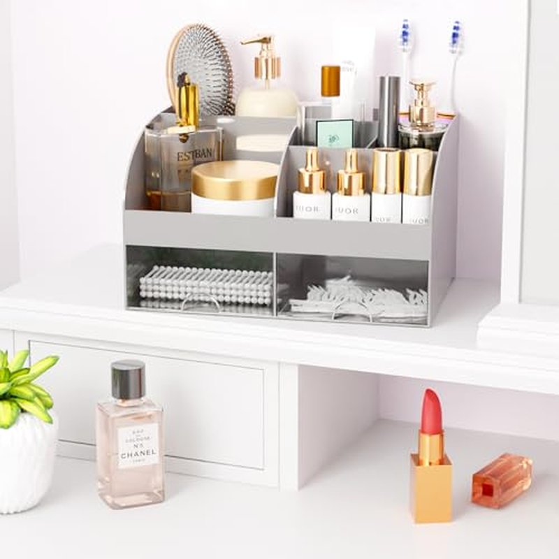 Makeup Organizer with 6 Sections & 2 Drawers, Grey