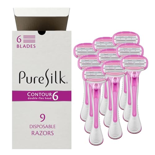 Pure Silk Contour 6 Premium Disposable Razor Value Pack Bundle (3 Packs/9 Total Razors)