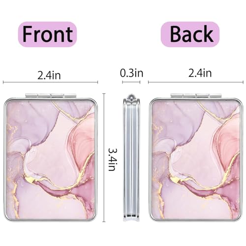 Pink Marble Small Travel Pocket Mirror with 2x Magnification - Double-Sided Cosmetic Mirror