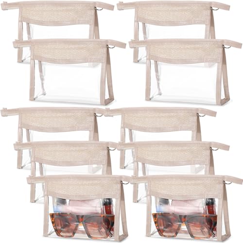 Kacctyen 10 Pcs Boho Clear Beach Bag Makeup Pouch Waterproof Sunscreen Cosmetic Bag with Zipper for Bridesmaid Gifts Wedding Party Favors Beach Vacation (Khaki)