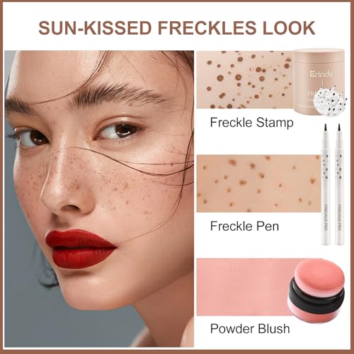 Erinde Natural Freckle Foundation Makeup Kit - Liquid Freckle Pen & Fake Freckles Stamp Air Cushion & Powder Cushion Blush, Long Lasting Waterproof Freckles Tattoo Marker for Natural Sunkissed Makeup