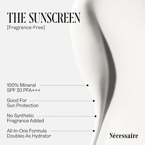 N?cessaire The Mineral Sunscreen SPF 30 PA+++. For The Body. Broad Spectrum. Zinc Oxide, Hyaluronic Acid, Niacinamide. Hydrate. Protect Against Sun Damage + Premature Aging. Dermatologist-Tested 5.1oz