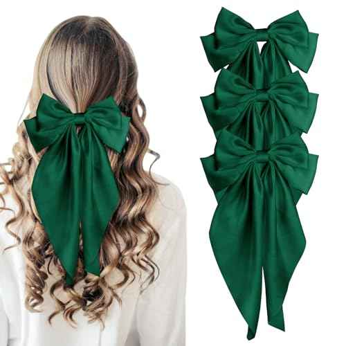 Large Silky Satin Bows 3Pcs Green Hair Ribbons for Women - Cute Coquette Bow Clips with Long Tails and Ponytail Barrettes