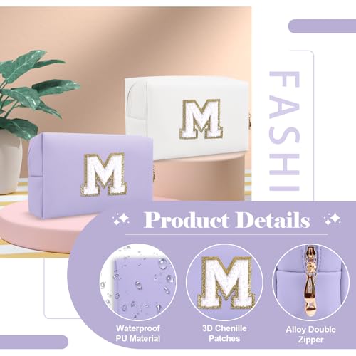 Personalized Makeup Bag with Initial Patch - PU Leather Cosmetic Pouch