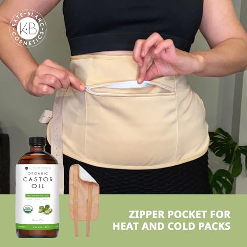 Kate Blanc Cosmetics Castor Oil Pack Wrap for Stomach & Belly (16oz Glass Bottle) Moisturize Body & Skin. Reusable, Adjustable, Comfortable Fit.