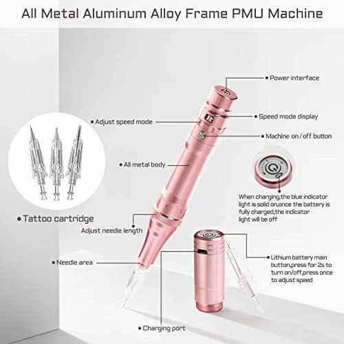 PMU Machine, cordless Permanent Makeup Machine Kit with 10 PMU Needles & 1 Lithium Battery, Tattoo Machine Microblading Machine for Eyebrows, Lips, Eyeliners - Rose Gold