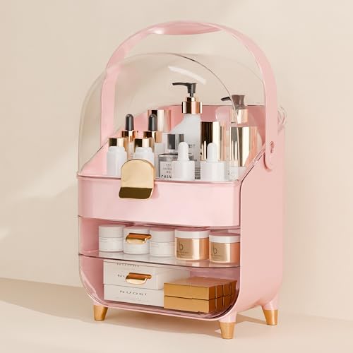Makeup Organizer Countertop With Lid And Drawers Large Skin Care Cosmetic Display Case Holder for Vanity Desk Bathroom Storage Box,Pink