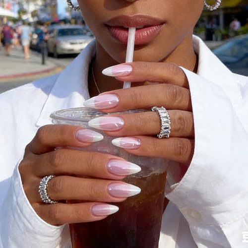 Medium Almond Press On Nails - French Tip Chrome Design False Nails Kit (24Pcs)