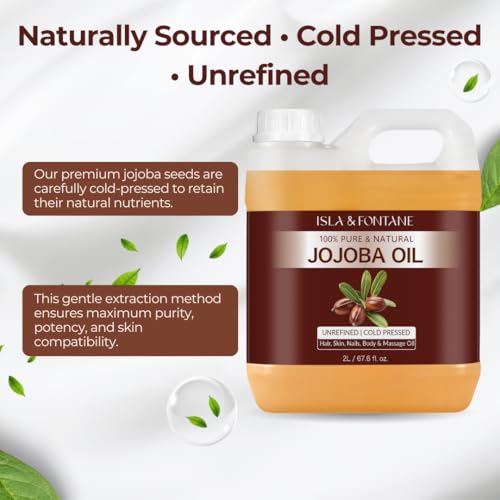 ISLA & FONTANE Jojoba Oil Set ? 67.6 Fl Oz (2L) | 100% Pure & Natural | Golden, Unrefined, Cold Pressed | 2 Dropper Bottles & Massager | Hexane-Free Carrier Oil for Skin, Hair, Face, Nails & Body