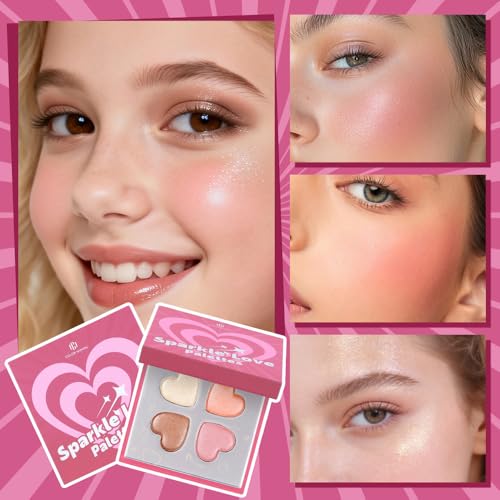 Color Nymph SPARKLE LOVE Palettes - Face & Cheek Makeup Palette?Blush, Bronzer & Highlighter Make Up for Teens Girls Tweens with Gentle & Silky-smooth Formula, Vegan & Talc-free (Pink)