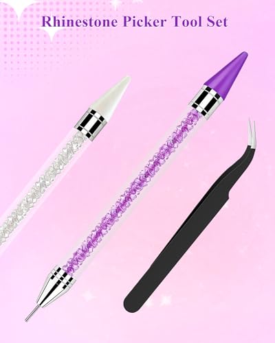 Difenni Rhinestone Picker Tool Set with Purple & White Double-Ended Wax Pencils, Tweezer & Storage Box