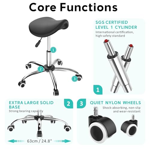 Professional Saddle Stool with Wheels Rolling Saddle Stool with Extra-Wide Base Heavy-Duty Stable Stool Adjustable Height Ergonomic Chair for Office, Workshop, Salon & Clinic