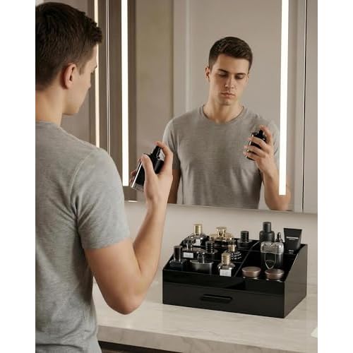ProCase Cologne Organizer for Men with Drawer, Acrylic Perfume Holder & Bathroom Countertop Organizer for Men & Women, Dresser Vanity Storage for Cologne, Perfume and Skincare -1 Layer