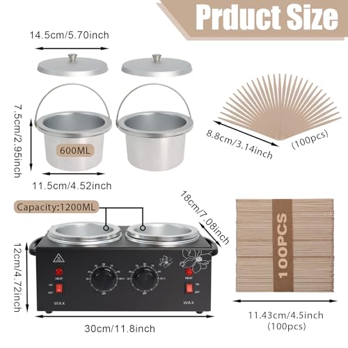 Wax Warmer Double Pot, Professional Electric Heater for Facial, Body, Spa, and Salon, 1.2L Dual Adjustable Temperature with 100 Wooden Craft Sticks, Hair Removal (Black)