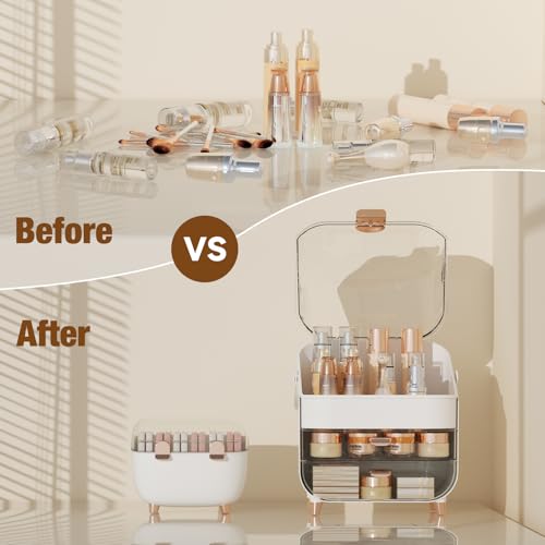 Makeup Organizer for Vanity with perfume Storage Box, Countertop Skincare Organizer with 2 Drawers, Cosmetic Display Case for Perfumes, Eyeshadow Palettes, Nail Polishes, Rose Gold