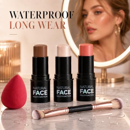 3-Piece Contour Stick Set with Brush & Sponge - Waterproof