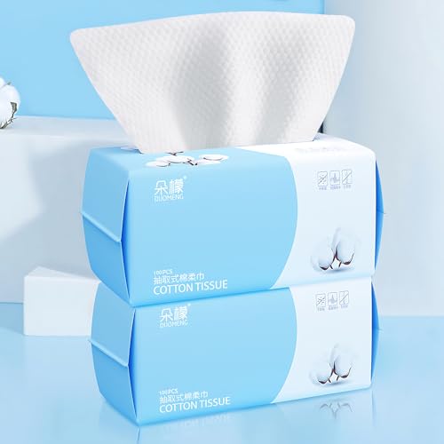 Cotton Facial Dry Wipes 100 Count, Deeply Cleansing Disposable Face Towel Wash Cloth, Multi-Purpose for Skin Care, Make-up and Face Wipes (2 Pack)
