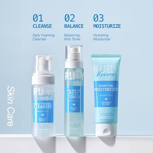 Ruby Kisses Complete Hydration Skincare Set, Face & Body Essentials, Includes Daily Foaming Cleanser, Balancing Mist Toner, Daily Body Lotion, Gentle Body Scrub, Korean Skincare