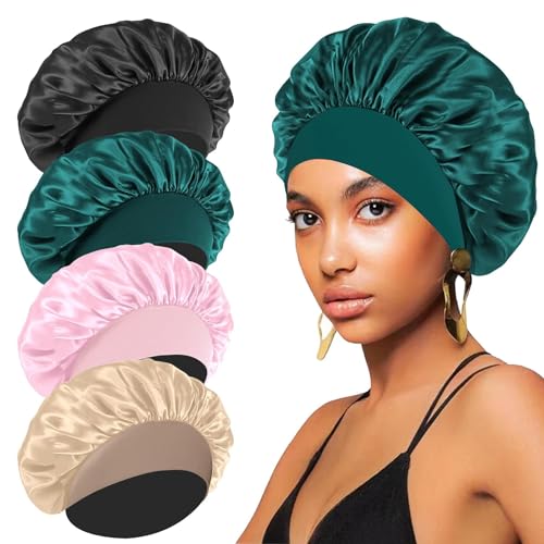 4 Pc Silk Satin Bonnets - Elastic Wide Band Hair Wrap for Curly Hair