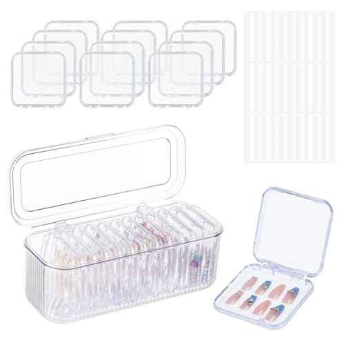 Press On Nail Orgnizer 12pcs 3.3inch Clear nail storage box and 1 large storage box for Press On Nail Packaging and fake Nail Storage Nail Display with double sided tape.