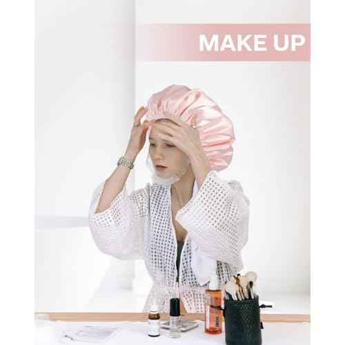 Aquior Shower Cap,Triple Layer Shower Cap for Women, Reusable Waterproof Bath Cap,Silky Satin Outer Layer Terry Lining, Extra Large for Women Long Hair(Pink)