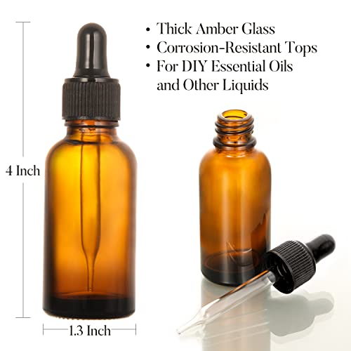 4 Pack 1oz Amber Glass Dropper Bottles - 30ml Dark Brown Tincture Bottles for Essential Oils