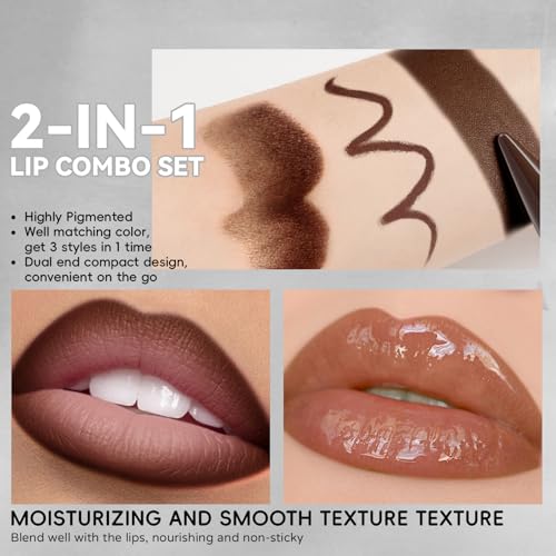HOSAILY 2-in-1 Lip Liner and Gloss Set - Dark Brown Moisturizing Combo