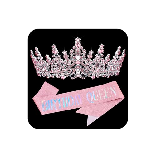 Pink Rhinestone Birthday Crown & Sash Set for Women