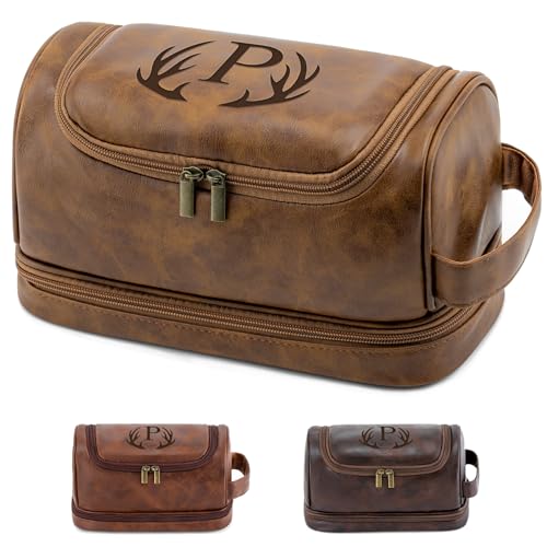 Personalized Gifts Travel Toiletry Bag for Men, Engraved Initial PU Leather Waterproof Shaving Bag, Groomsmen Present Christmas Birthday Gifts for Men Dad Husband Son Boyfriend (Light Brown P)